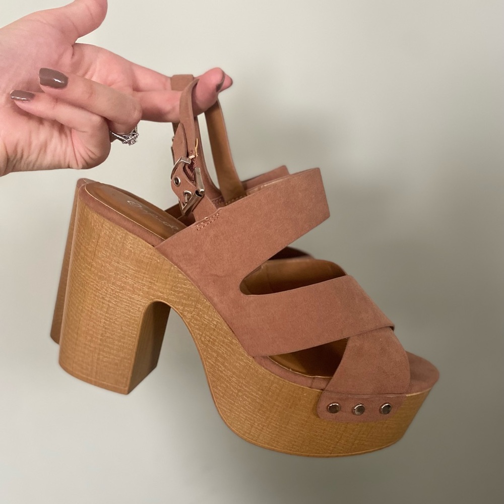 Blush Pink Nude Neutral Wood Block Platform Heels